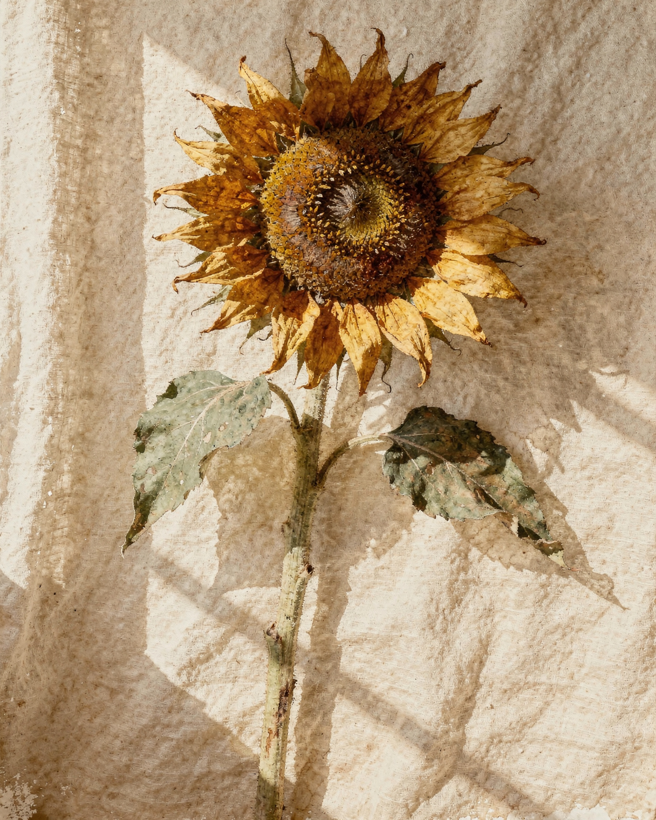 Dried Basque sunflower hanging on a weathered farmhouse door in golden hour light