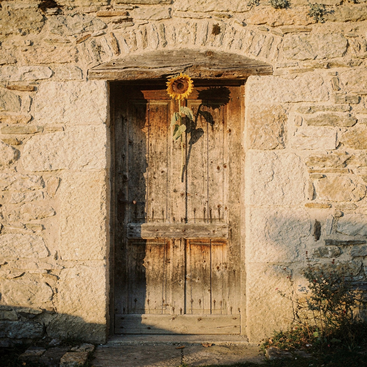 Weathered Basque farmhouse door in warm stone, a dried sunflower hung above the threshold as a protective talisman