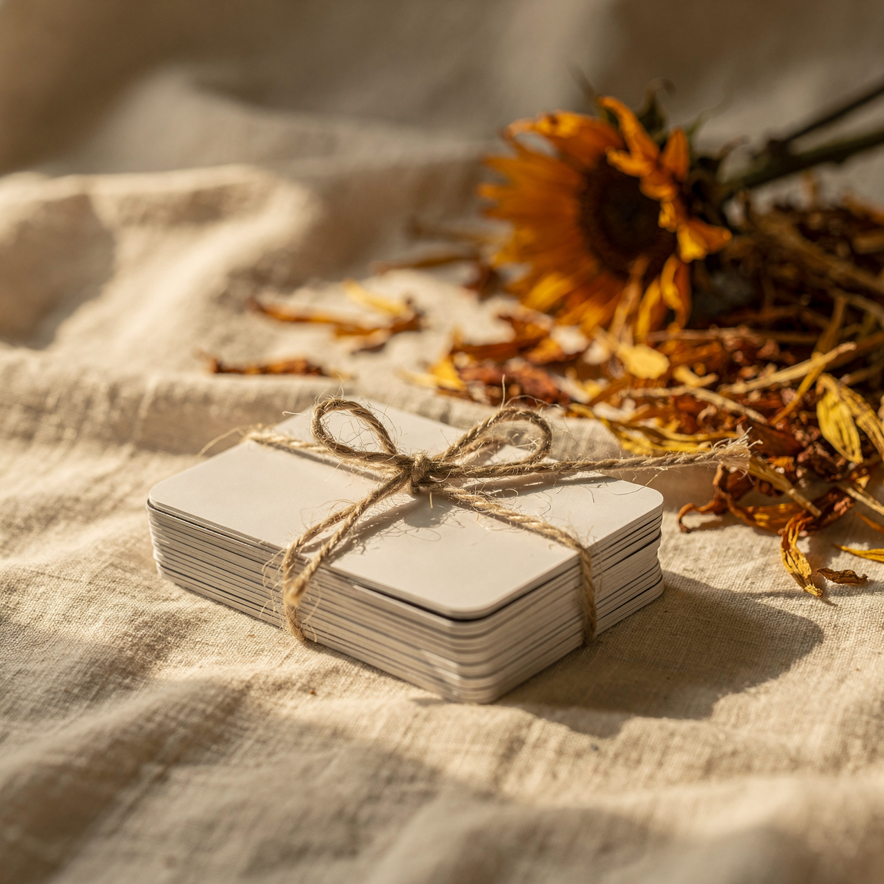 Stack of reference cards tied with natural twine and scattered dried sunflower petals