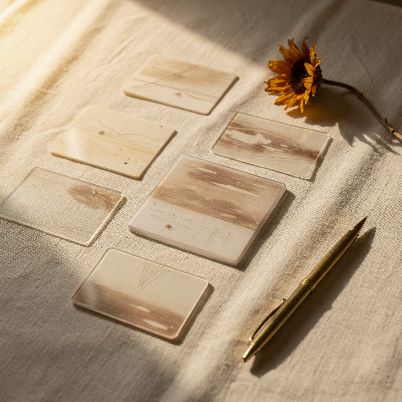 Overhead view of laminated compliance reference cards on a warm cream linen desk
