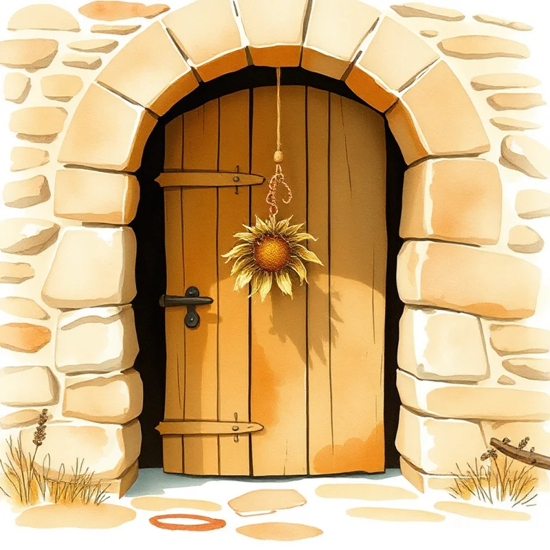 Watercolor illustration of a Basque farmhouse door with a dried sun flower hung as a protective talisman
